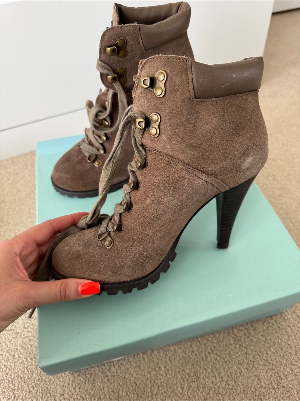 Jessica Simpson Taupe Suede Lace-Up High Heel Ankle Boots